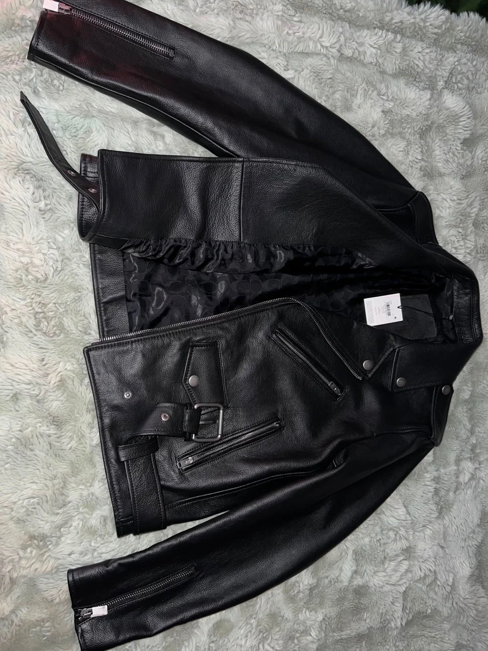 Coach Black Leather Moto Jacket with Zip Details